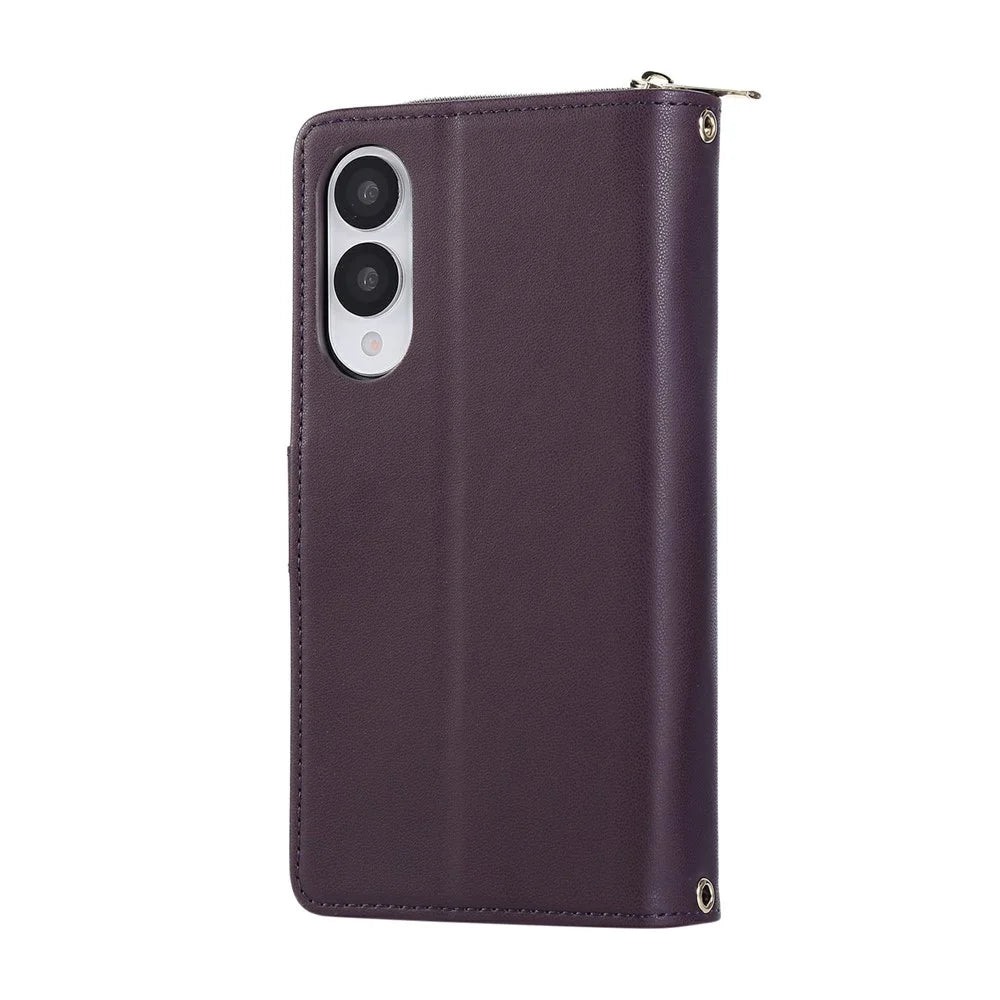 For Samsung Galaxy S25 Edge Case Zipper Pocket PU Leather Cover with 9 Card Slots - Dark Purple - 6