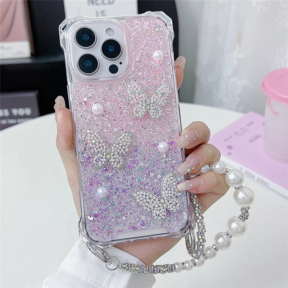 For iPhone 16 Pro Max Case with Strap Epoxy Glitter Butterfly Decor TPU + Acrylic Phone Back Cover - Pink / Purple - 1