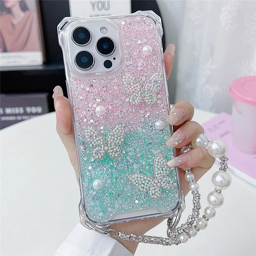 For iPhone 16 Pro Case with Strap Epoxy Glitter Butterfly Decor TPU + Acrylic Phone Back Cover - Pink / Green - 1