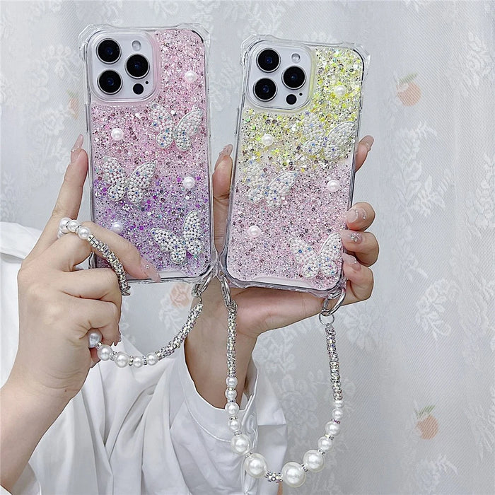 For iPhone 16 Pro Case with Strap Epoxy Glitter Butterfly Decor TPU + Acrylic Phone Back Cover - Pink / Green - 3