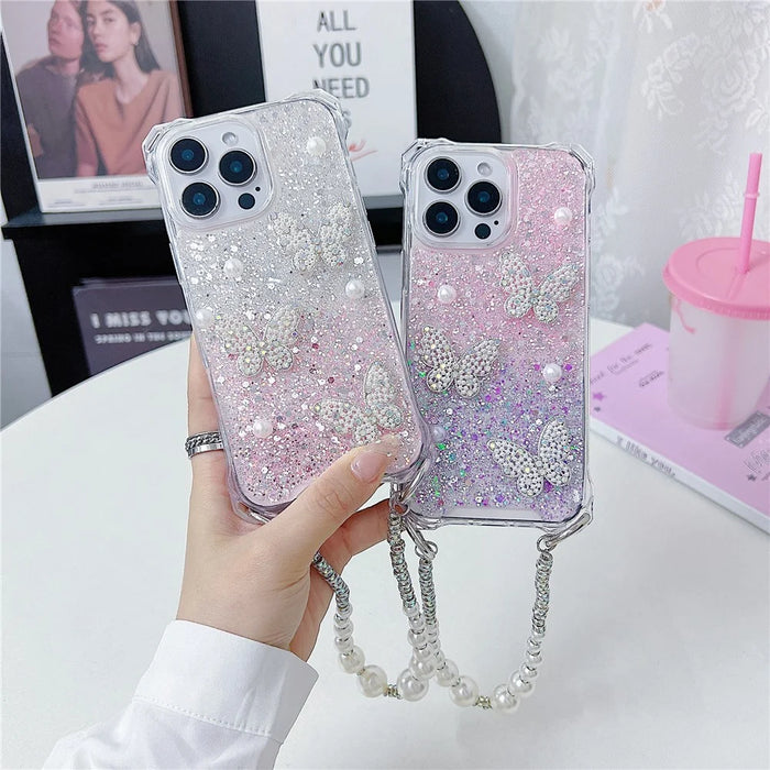 For iPhone 16 Pro Case with Strap Epoxy Glitter Butterfly Decor TPU + Acrylic Phone Back Cover - Pink / Green - 4