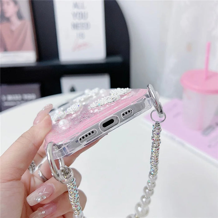 For iPhone 16 Pro Case with Strap Epoxy Glitter Butterfly Decor TPU + Acrylic Phone Back Cover - Pink / Green - 5