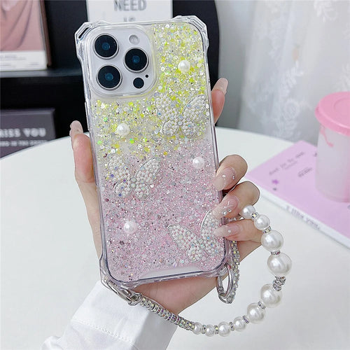 For iPhone 15 Pro Max Case with Strap Epoxy Glitter Butterfly Decor TPU + Acrylic Phone Back Cover - Pink / Yellow - 1