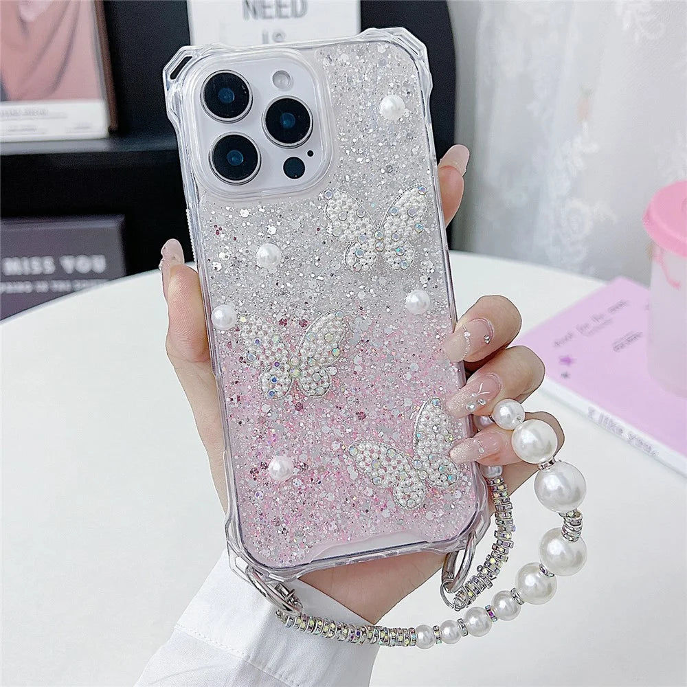 For iPhone 15 Pro Case with Strap Epoxy Glitter Butterfly Decor TPU + Acrylic Phone Back Cover - Pink / White - 1