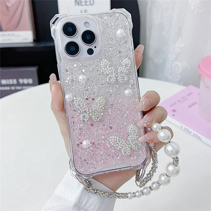 For iPhone 15 Pro Case with Strap Epoxy Glitter Butterfly Decor TPU + Acrylic Phone Back Cover - Pink / White - 1