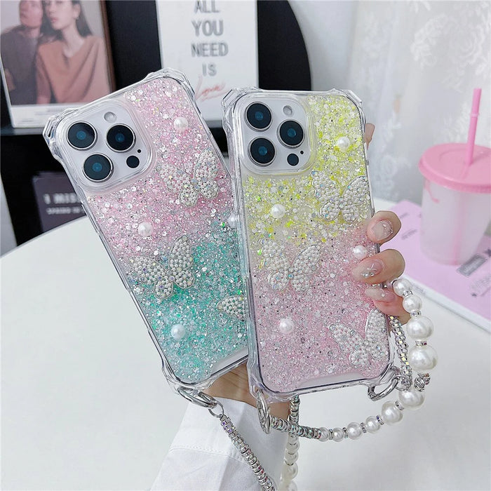 For iPhone 15 Pro Case with Strap Epoxy Glitter Butterfly Decor TPU + Acrylic Phone Back Cover - Pink / White - 6