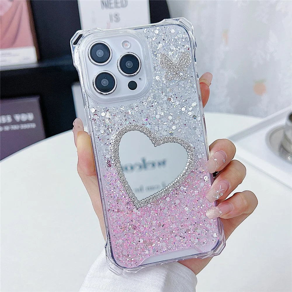 For iPhone 16 Pro Max Case with Heart Mirror Epoxy Glitter TPU + Acrylic Phone Back Cover - Pink / White - 1