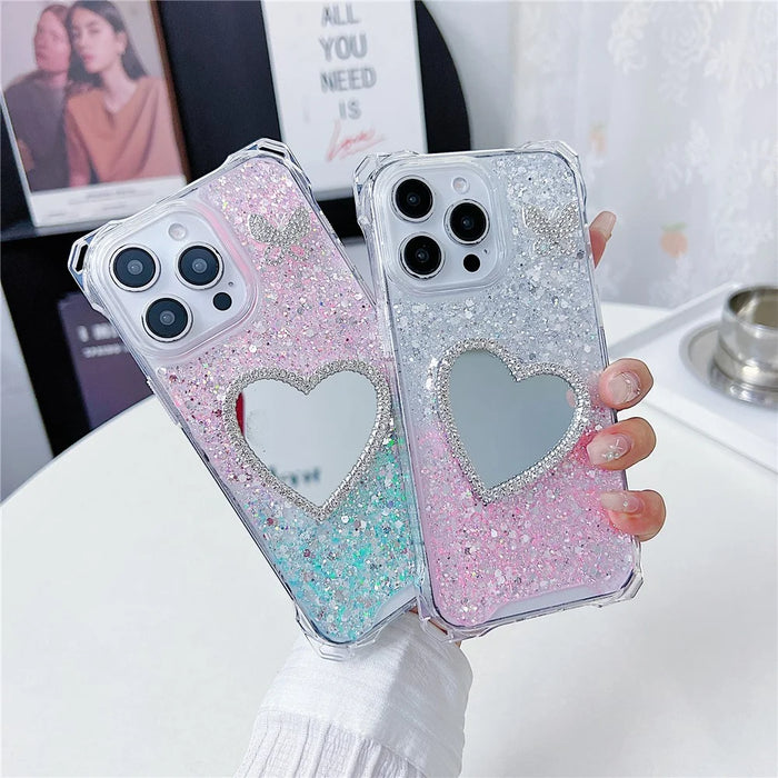 For iPhone 16 Pro Max Case with Heart Mirror Epoxy Glitter TPU + Acrylic Phone Back Cover - Pink / White - 2