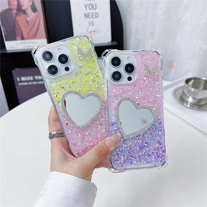 For iPhone 16 Pro Max Case with Heart Mirror Epoxy Glitter TPU + Acrylic Phone Back Cover - Pink / White - 3