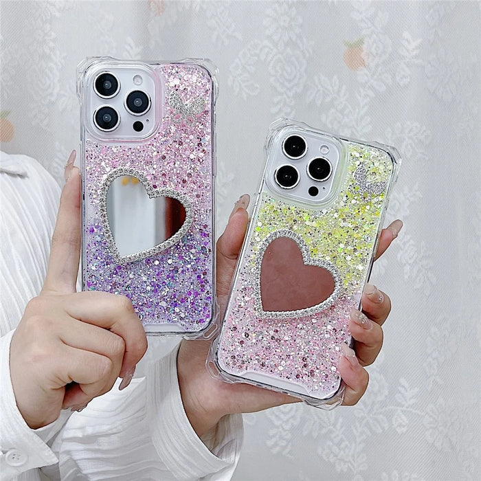 For iPhone 16 Pro Max Case with Heart Mirror Epoxy Glitter TPU + Acrylic Phone Back Cover - Pink / White - 5