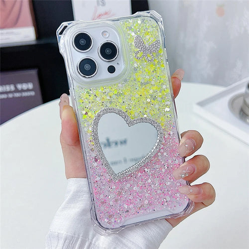 For iPhone 16 Pro Case with Heart Mirror Epoxy Glitter TPU + Acrylic Phone Back Cover - Pink / Yellow - 1