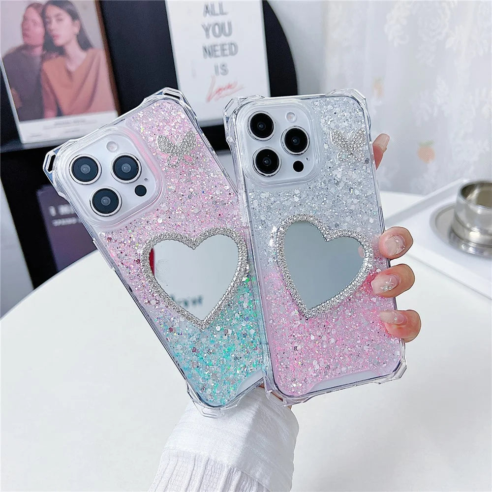 For iPhone 16 Pro Case with Heart Mirror Epoxy Glitter TPU + Acrylic Phone Back Cover - Pink / Yellow - 2
