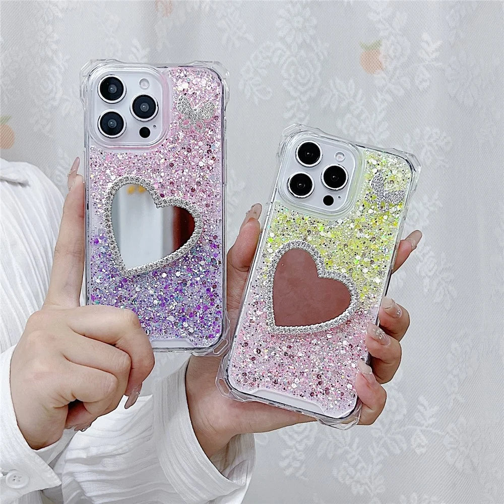 For iPhone 16 Pro Case with Heart Mirror Epoxy Glitter TPU + Acrylic Phone Back Cover - Pink / Yellow - 5