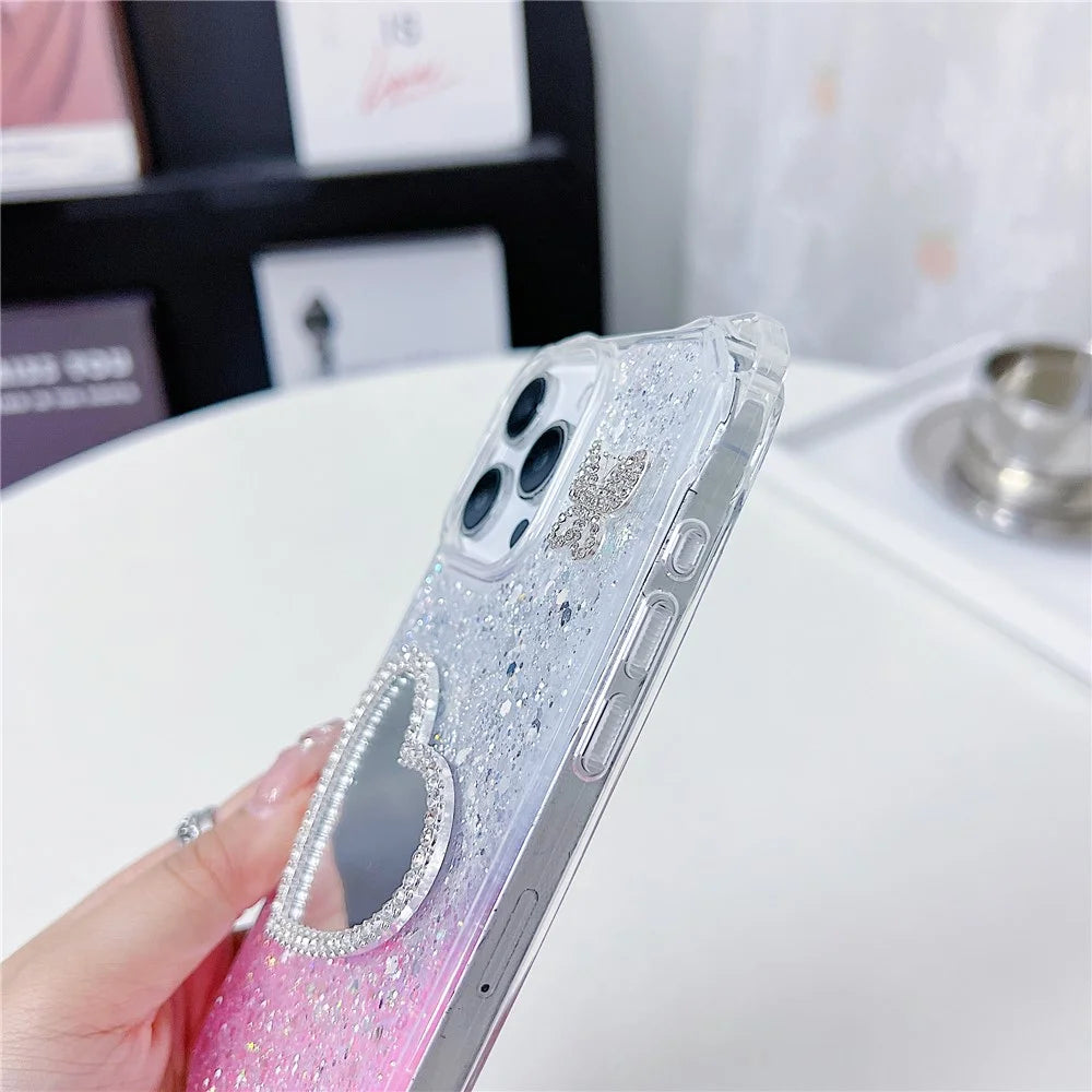 For iPhone 16 Pro Case with Heart Mirror Epoxy Glitter TPU + Acrylic Phone Back Cover - Pink / Yellow - 7
