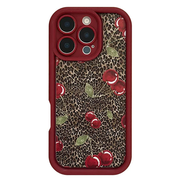For iPhone 16 Pro Case Cherry Leopard Pattern Shockproof TPU Phone Cover - 1