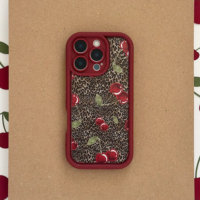 For iPhone 16 Pro Case Cherry Leopard Pattern Shockproof TPU Phone Cover - 3