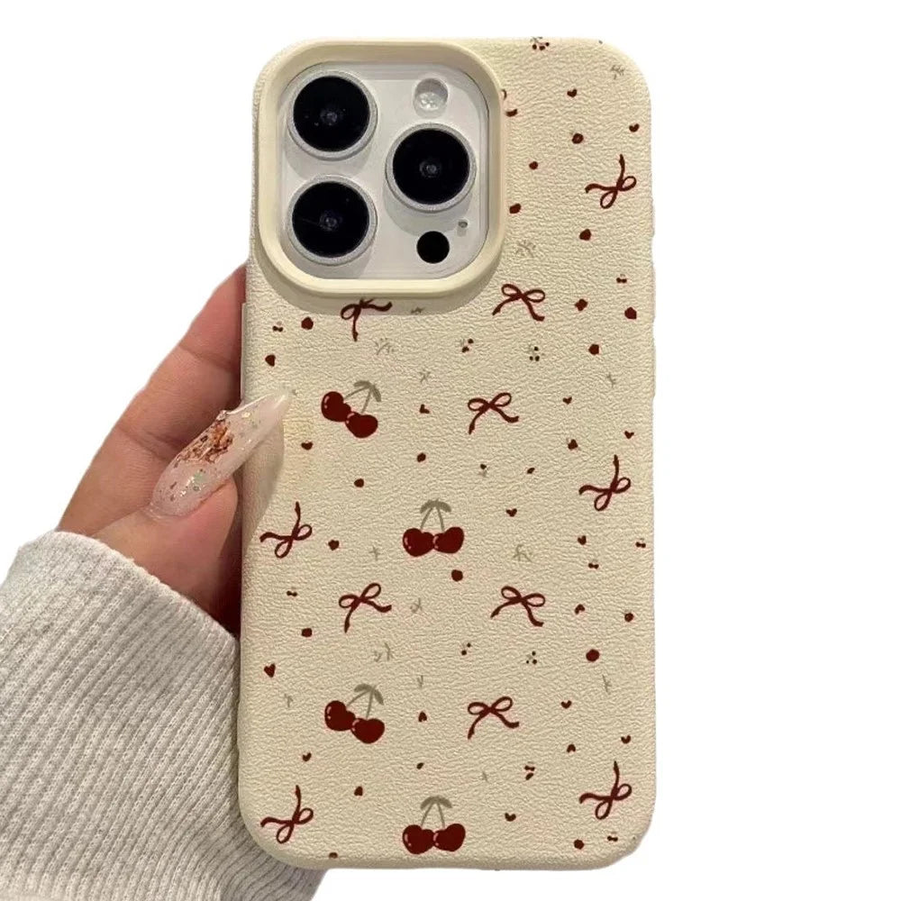 For iPhone 15 Pro Case Heart Cherry Pattern Litchi Texture TPU Phone Cover - 1