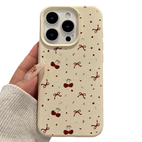 For iPhone 15 Pro Case Heart Cherry Pattern Litchi Texture TPU Phone Cover - 1