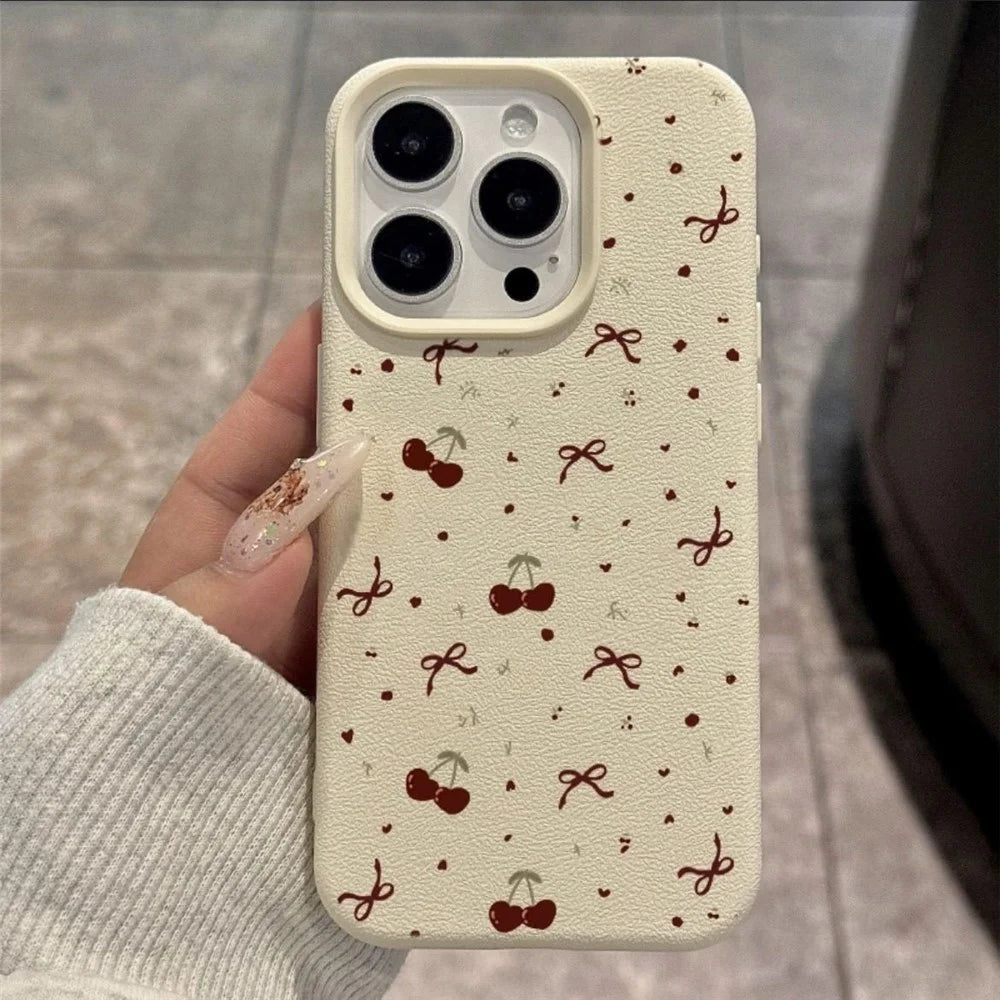 For iPhone 15 Pro Case Heart Cherry Pattern Litchi Texture TPU Phone Cover - 3