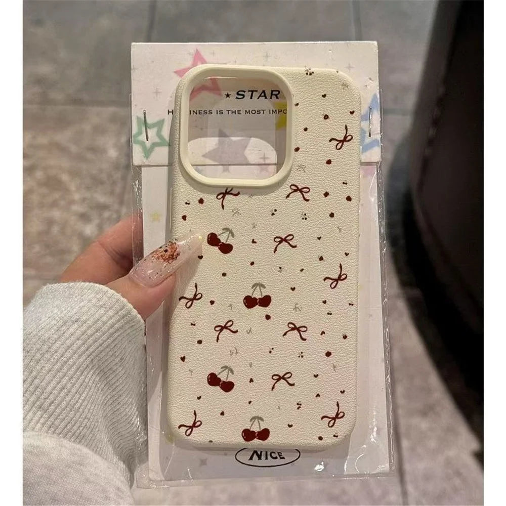 For iPhone 15 Pro Max Case Heart Cherry Pattern Litchi Texture TPU Phone Cover - 2