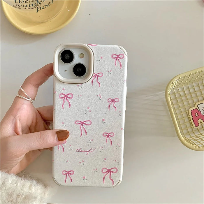 For iPhone 14 Case Pink Floral Bow Aesthetic TPU Phone Cover - 5