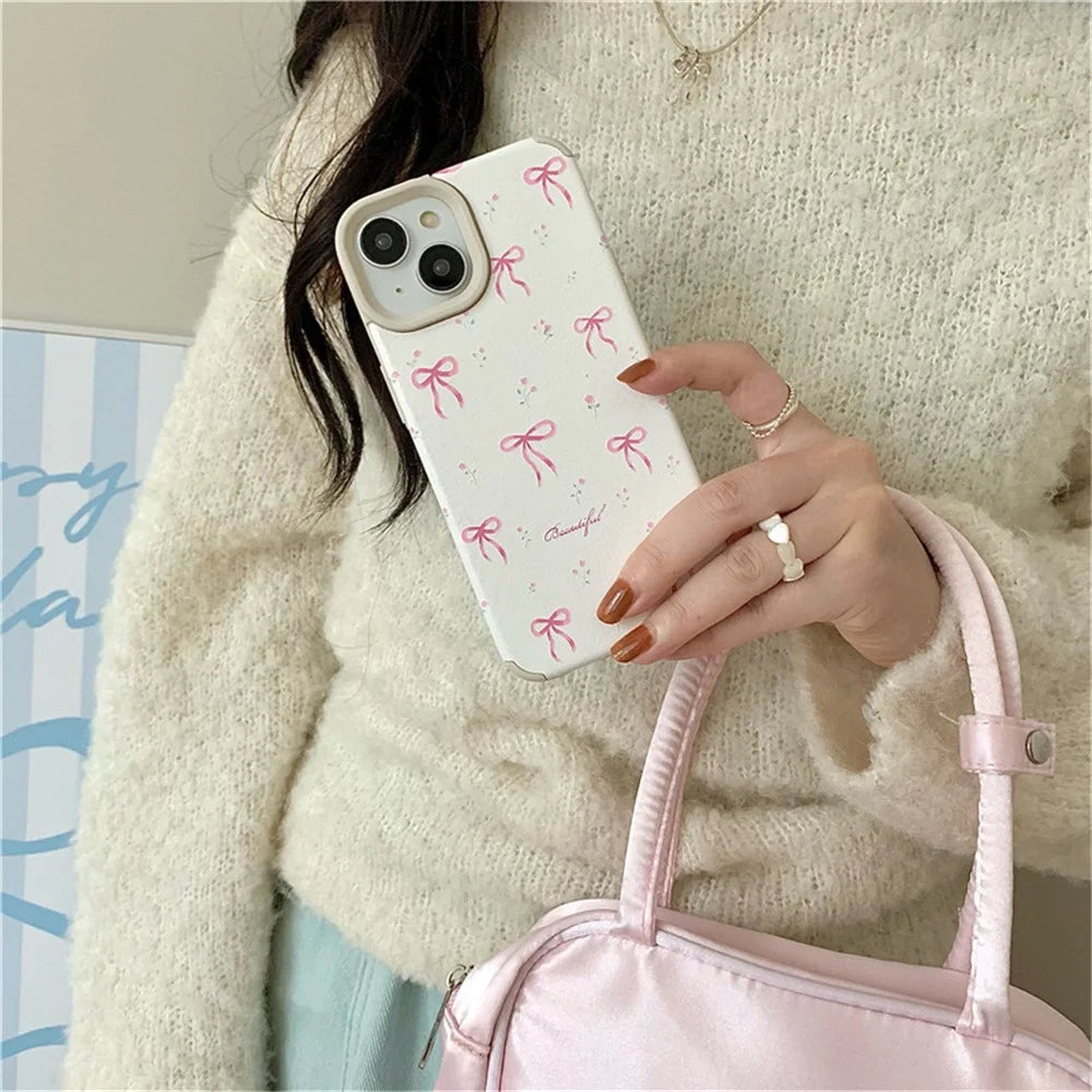 For iPhone 15 Case Pink Floral Bow Aesthetic TPU Phone Cover - 2