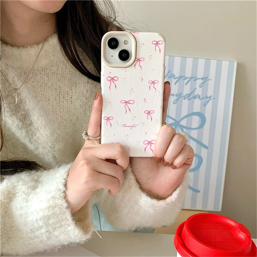 For iPhone 15 Case Pink Floral Bow Aesthetic TPU Phone Cover - 6