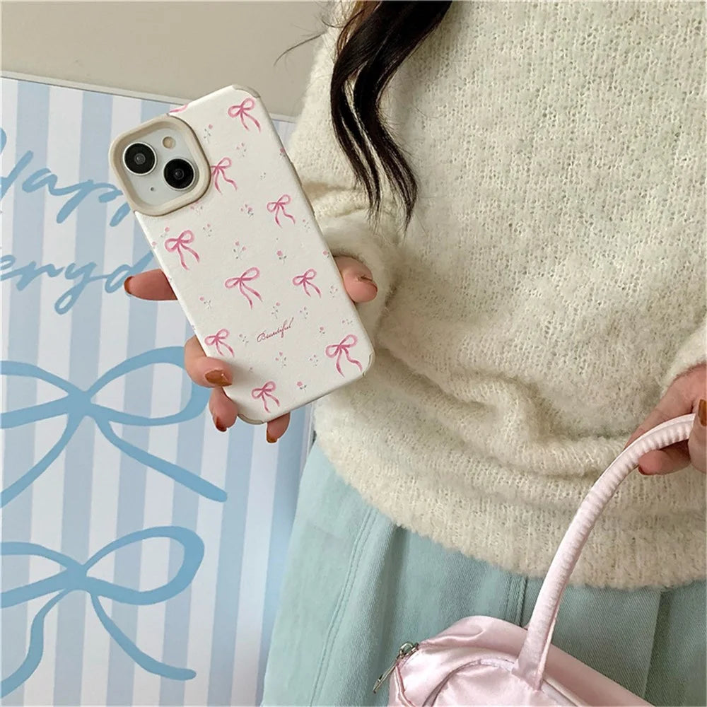 For iPhone 15 Case Pink Floral Bow Aesthetic TPU Phone Cover - 7