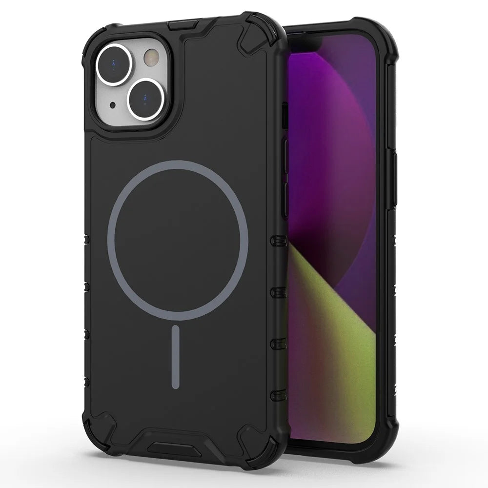 For iPhone 13 Magnetic Case Corrugated Texture Heat Dissipation Shockproof TPU + PC Phone Back Cover - Black - 1