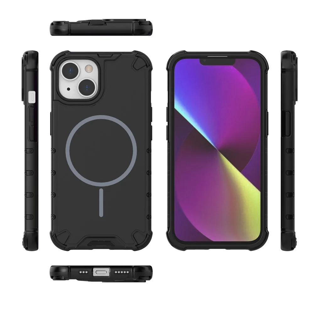 For iPhone 13 Magnetic Case Corrugated Texture Heat Dissipation Shockproof TPU + PC Phone Back Cover - Black - 3