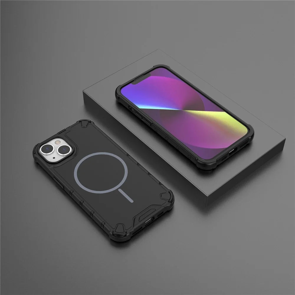 For iPhone 13 Magnetic Case Corrugated Texture Heat Dissipation Shockproof TPU + PC Phone Back Cover - Black - 4