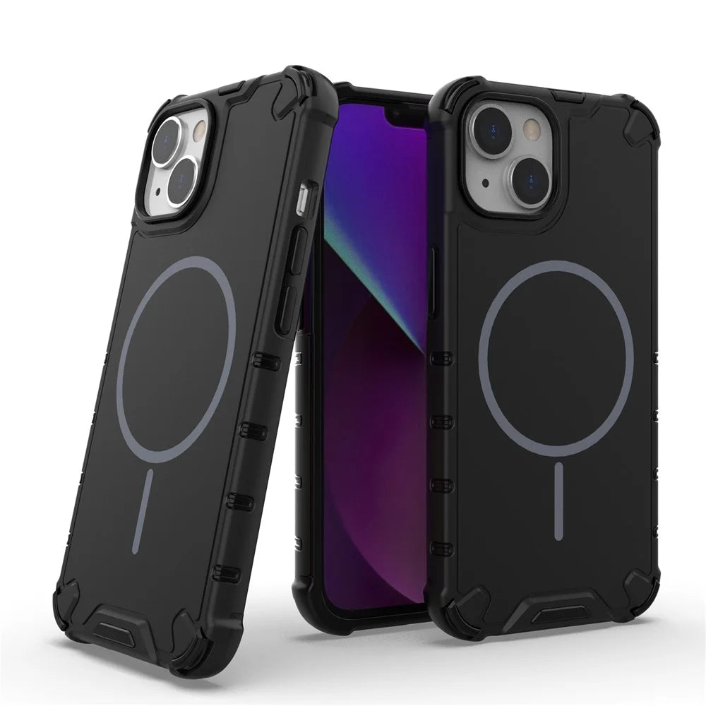 For iPhone 14 Magnetic Case Corrugated Texture Heat Dissipation Shockproof TPU + PC Phone Back Cover - Black - 2