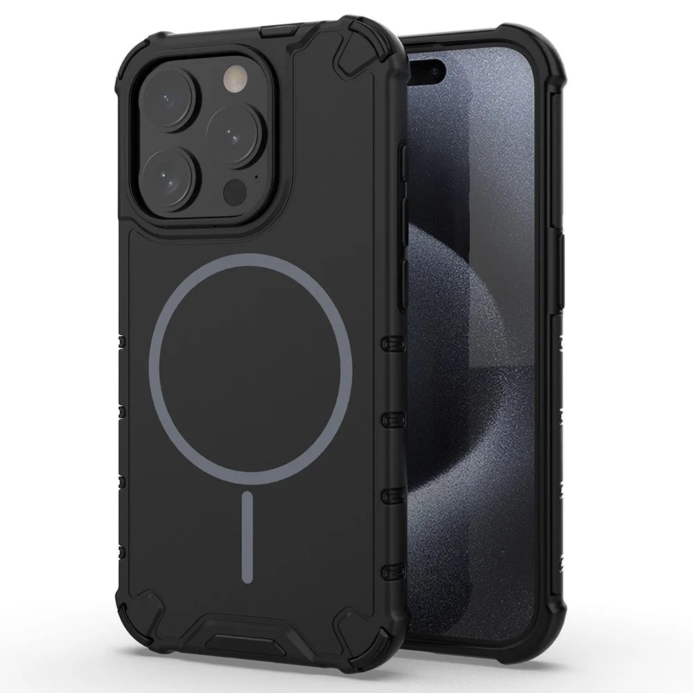 For iPhone 15 Pro Max Magnetic Case Corrugated Texture Heat Dissipation Shockproof TPU + PC Phone Back Cover - Black - 1