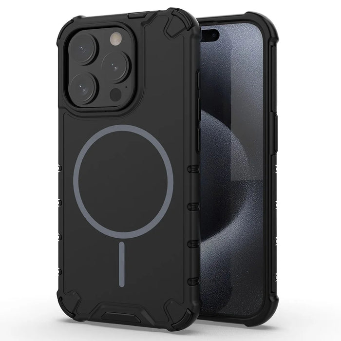 For iPhone 15 Pro Max Magnetic Case Corrugated Texture Heat Dissipation Shockproof TPU + PC Phone Back Cover - Black - 1