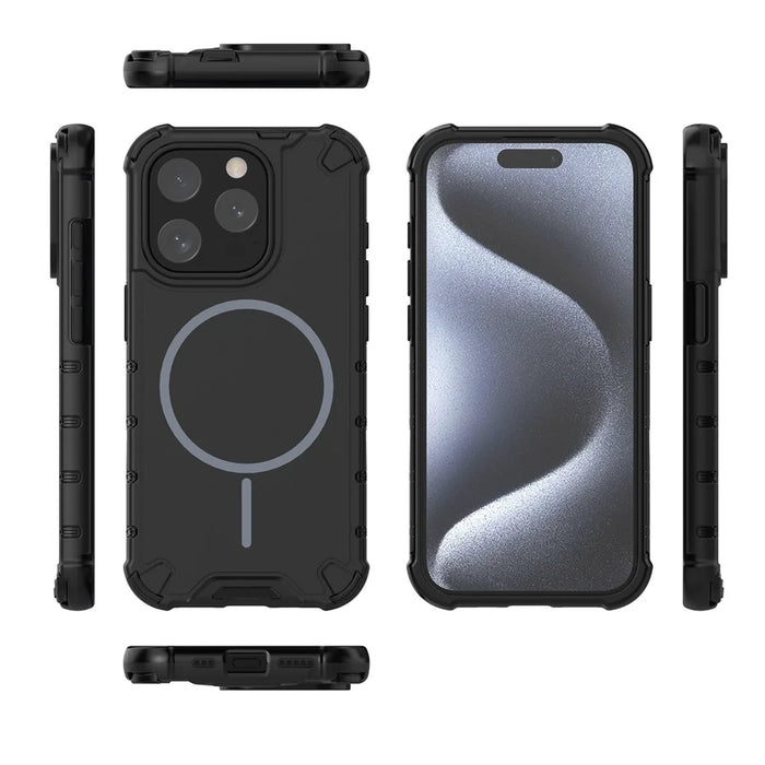 For iPhone 15 Pro Max Magnetic Case Corrugated Texture Heat Dissipation Shockproof TPU + PC Phone Back Cover - Black - 3