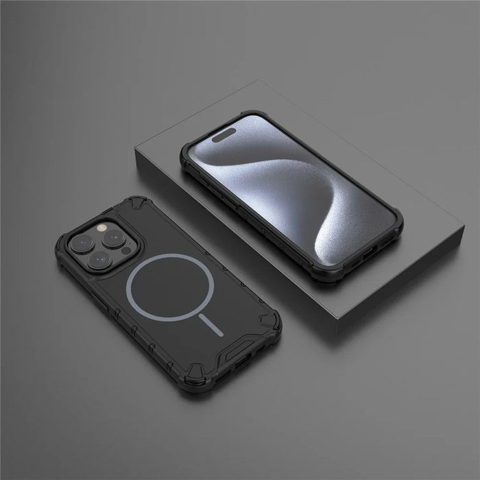 For iPhone 15 Pro Max Magnetic Case Corrugated Texture Heat Dissipation Shockproof TPU + PC Phone Back Cover - Black - 4