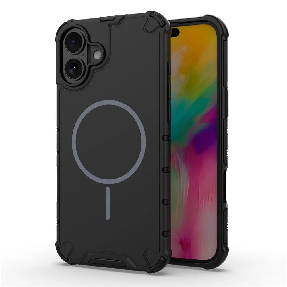 For iPhone 16 Magnetic Case Corrugated Texture Heat Dissipation Shockproof TPU + PC Phone Back Cover - Black - 1