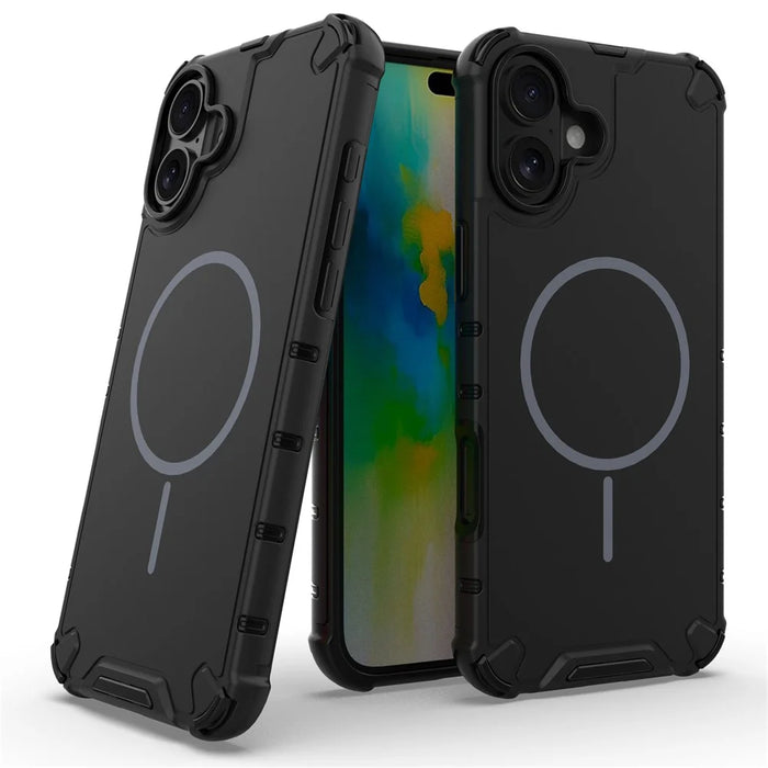 For iPhone 16 Magnetic Case Corrugated Texture Heat Dissipation Shockproof TPU + PC Phone Back Cover - Black - 2