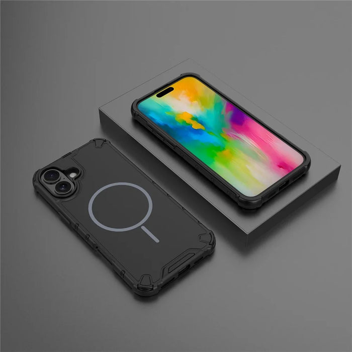 For iPhone 16 Magnetic Case Corrugated Texture Heat Dissipation Shockproof TPU + PC Phone Back Cover - Black - 4
