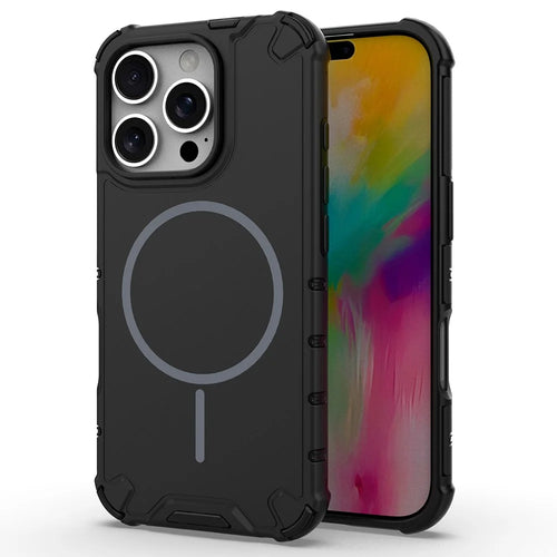 For iPhone 16 Pro Magnetic Case Corrugated Texture Heat Dissipation Shockproof TPU + PC Phone Back Cover - Black - 1