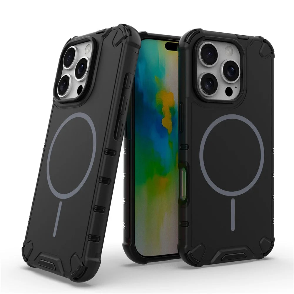 For iPhone 16 Pro Magnetic Case Corrugated Texture Heat Dissipation Shockproof TPU + PC Phone Back Cover - Black - 2