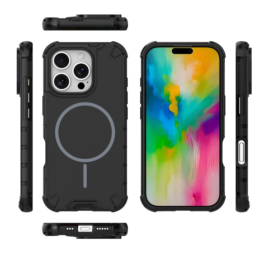For iPhone 16 Pro Magnetic Case Corrugated Texture Heat Dissipation Shockproof TPU + PC Phone Back Cover - Black - 3