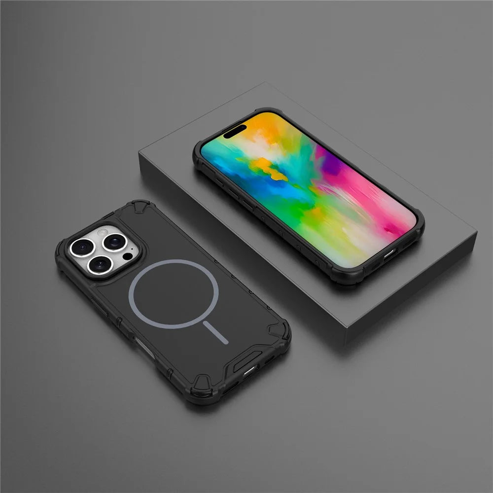 For iPhone 16 Pro Magnetic Case Corrugated Texture Heat Dissipation Shockproof TPU + PC Phone Back Cover - Black - 4