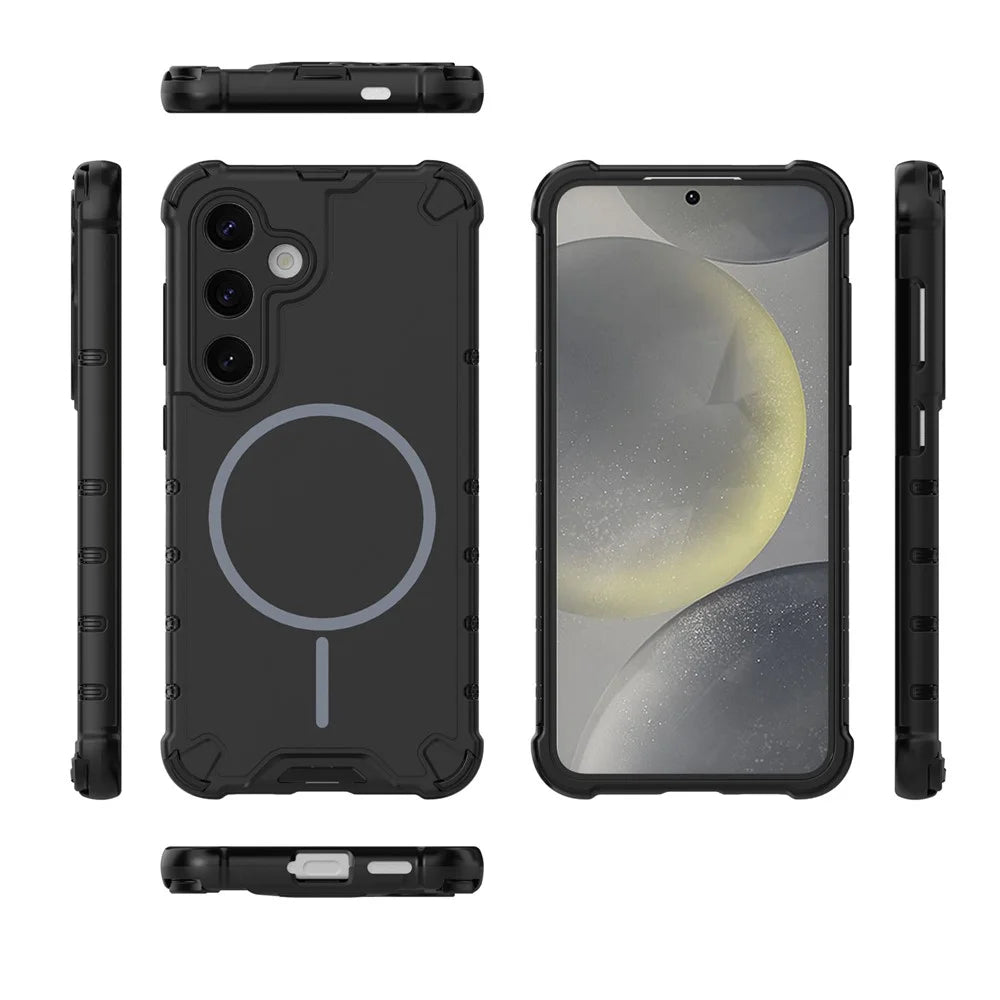 For Samsung Galaxy S24 Magnetic Case Corrugated Texture Heat Dissipation Shockproof TPU + PC Phone Back Cover - Black - 3