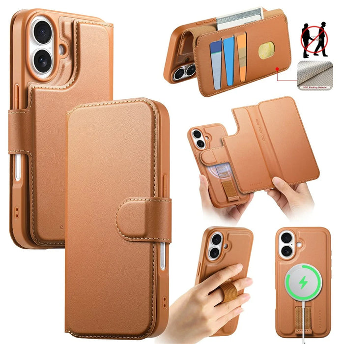 CASENEO For iPhone 16 Magnetic Case RFID Blocking Wallet Detachable Leather Phone Cover with Wristband - Brown - 1