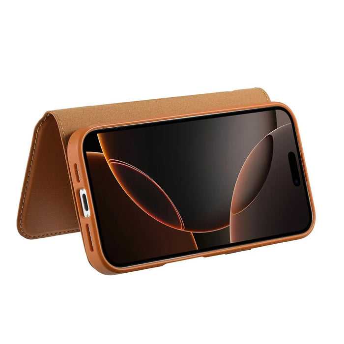 CASENEO For iPhone 16 Magnetic Case RFID Blocking Wallet Detachable Leather Phone Cover with Wristband - Brown - 5