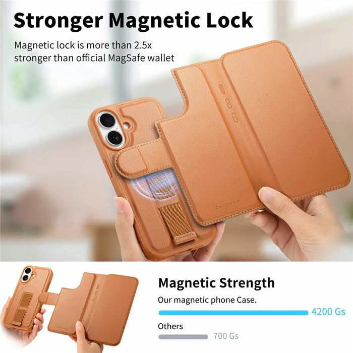 CASENEO For iPhone 16 Magnetic Case RFID Blocking Wallet Detachable Leather Phone Cover with Wristband - Brown - 6