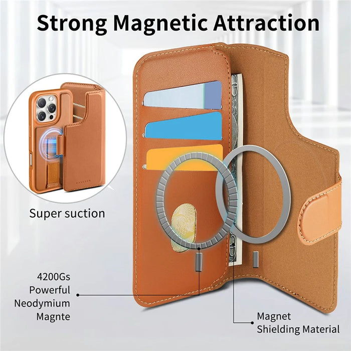 CASENEO For iPhone 16 Magnetic Case RFID Blocking Wallet Detachable Leather Phone Cover with Wristband - Brown - 7