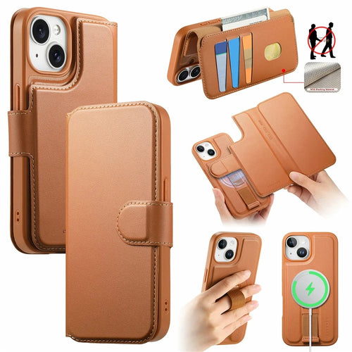 CASENEO For iPhone 15 Magnetic Case RFID Blocking Wallet Detachable Leather Phone Cover with Wristband - Brown - 1