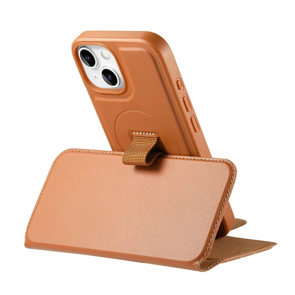 CASENEO For iPhone 15 Magnetic Case RFID Blocking Wallet Detachable Leather Phone Cover with Wristband - Brown - 4